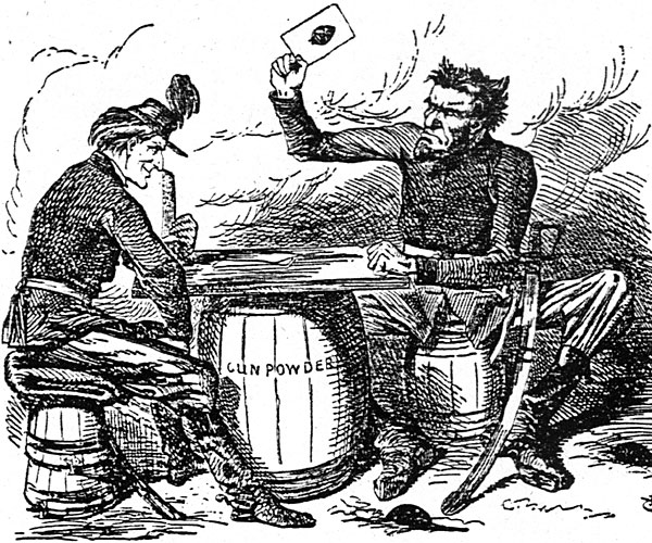 Pro-south cartoon depicting Lincoln and Davis playing cards, with Lincoln’s document being the president’s last desperate card