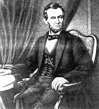 Abraham Lincoln in this print he clutches the Emancipation Proclamation