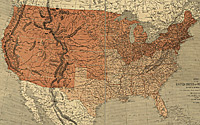 Map of the United States showing State and international boundaries. Two colors are used to differeniate between Union and Confederate states.